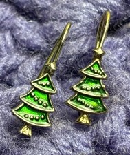 Dainty Goldtone Enameled Christmas Tree Earrings 1/2" Tree 3/4" Overall