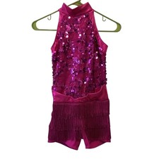 Weissman Kids Fuchsia Sequin Fringe Dance Costume Halter Romper LC Jazz Tap