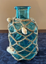 Coastal Aqua Glass Bottle w/ Jute Netting Seashell Accents 6.5" Beach Cottage
