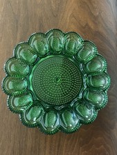 Vtg Indiana Glass Green Hobnail Deviled 15 Egg Dish Tray Plate Evergreen READ