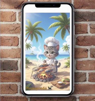 Funny Street Vendor Cat Grilling Fresh Fish on a Charcoal Mobile Phone Wallpaper