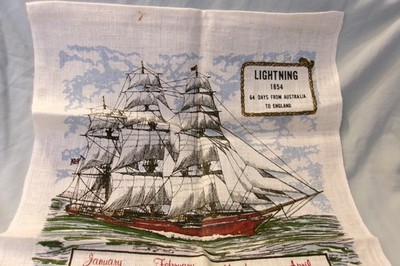 1979 Cloth Kitchen Tea Towel Calendar Clipper Ships ''Lightning 1854'' Looks NEW!