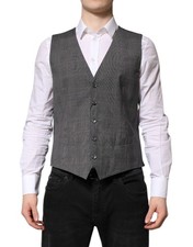 Dolce & Gabbana Gray Plaid Wool Formal Dress Waistcoat Men's Vest Authentic