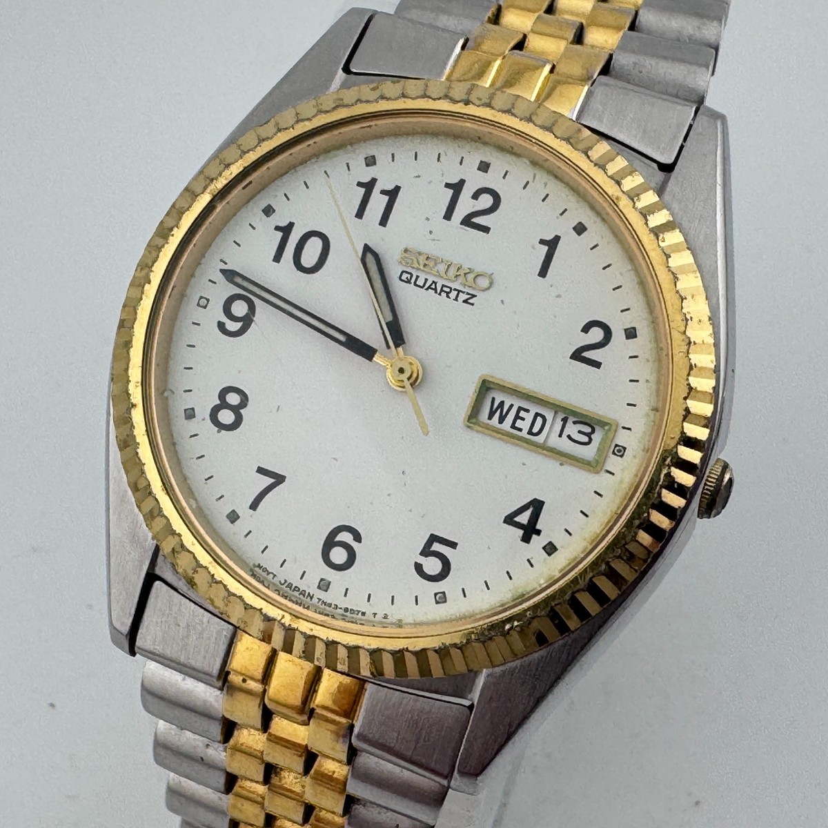 Vintage Seiko Quartz Watch 7N43-8A39 Men Gold Tone Fluted Bezel