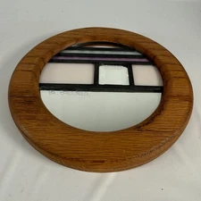 Arts And Crafts Mission Mirror Stained Glass Style Round Wood Frame Signed 7.5”