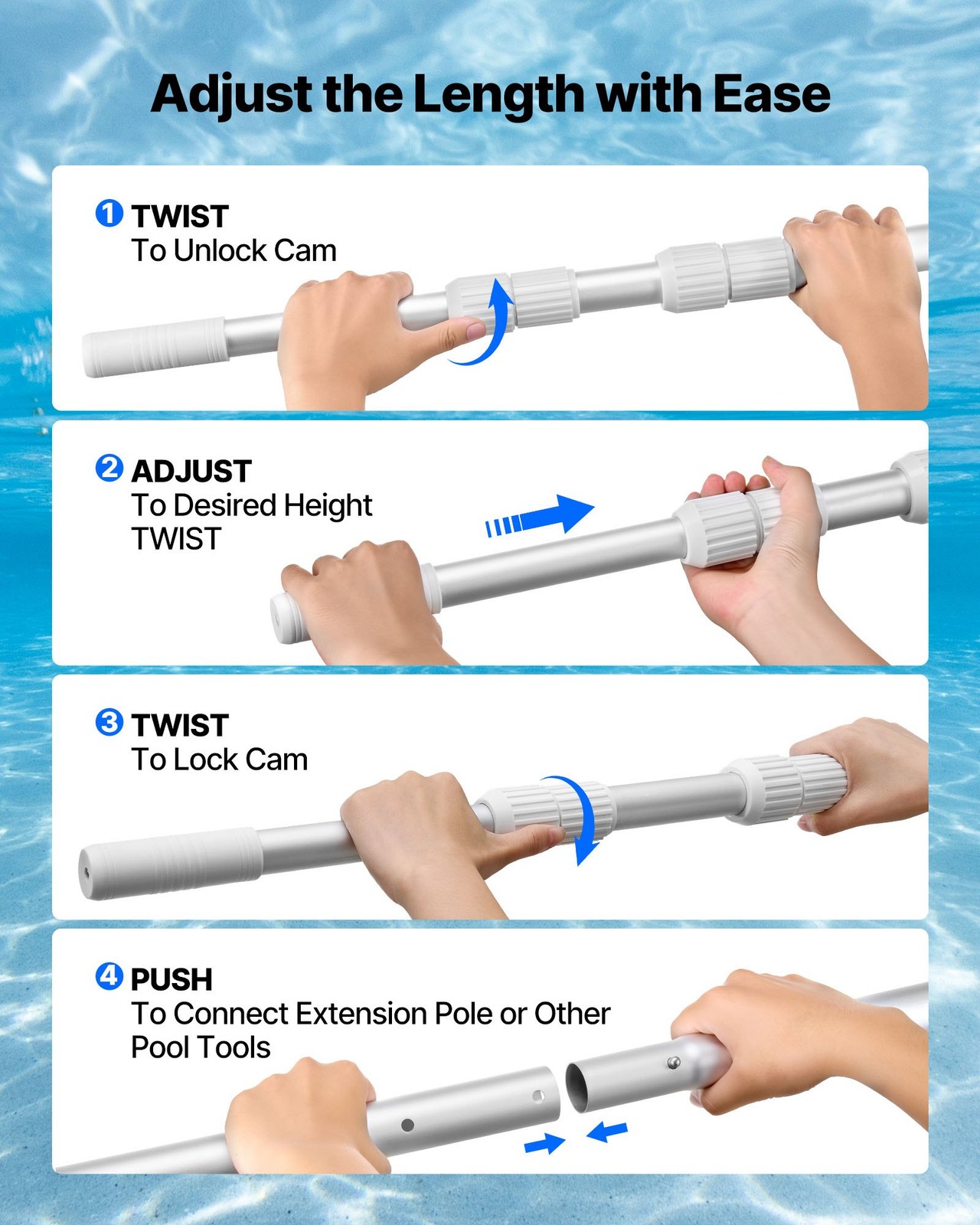 Swimming Pool Pole 3.4 To 12 Ft Telescopic Aluminum Alloy Twist Locking