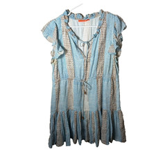 Oliphant Dress Women's Large Striped V-Neck Tiered Tie Casual Ruffle Blue