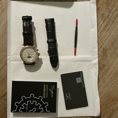 Sugess Seestern Moon Phase Chronograph Manual Mechanical Rose Gold Box Papers