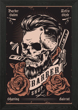 Barbershop Skull Scisors Framed Wall Art Poster Canvas Print Picture