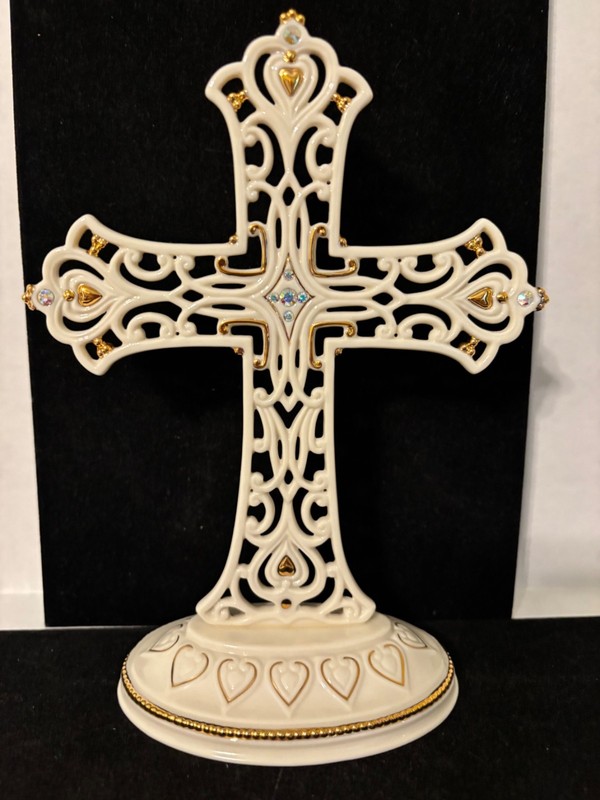 LENOX ETERNAL LOVE IVORY PORCELAIN CROSS TRIMMED IN GOLD & RHINESTONES FIGURINE