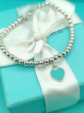 Return To Tiffany & Co Silver Blue Heart Tag Mini Bead Bracelet 6.5"Small-medium