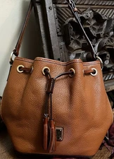 Dooney & Bourke Pebble Grain Aimee Drawstring Bucket Shoulder Bag Caramel w/COA 
