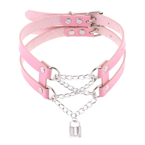Double Belt Punk Choker with Cross Chain Lock Pendant Gothic Collar - Picture 13 of 37