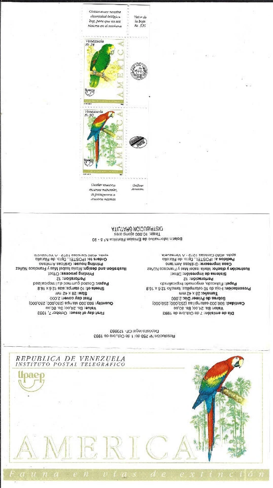 Venezuela: 1993; Scott 1504, set en MNH, loros, UPaep + Folleto, EBV351 Foto 2 de 2