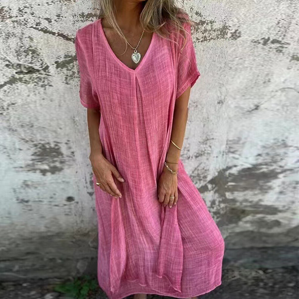 Robe D'été Baggy Pour Femmes Manches Courtes Coton Et Lin Col En V