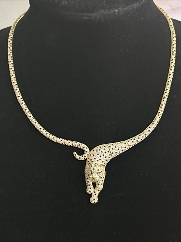 Designer Gold Plated Sterling Silver CZ 3D Cheetah Leopard Collar Necklace