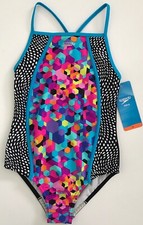 NWT Speedo Girl's US 12 Geometric Swimsuit Racerback 1 Pc Multi Bathing Suit