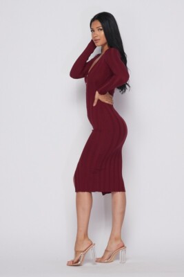Midi Dress Long Sleeve V-Neck Front Slit Color Wine (Medium) Midi Dress Long Sleeve V-Neck Front Slit Color Wine (Medium)