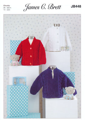 James Brett Chunky Knitting Pattern Baby Cabled Round V Cardigans & Jumper JB448