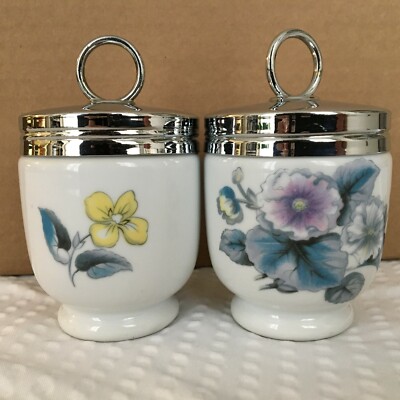 Vtg Pair Royal Worcester Egg Coddlers Woodland Floral Pattern Std Size EVC  (W)