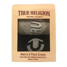TRUE RELIGION 2 PACK Logo Crews SOCKS in Black/Gray Wooden Gift Box Size 10-13