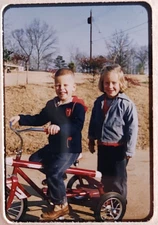 1958 AMF Junior Trike Tricycle Boy Girl Smiling Family Photo 35mm Red Slide Sb13