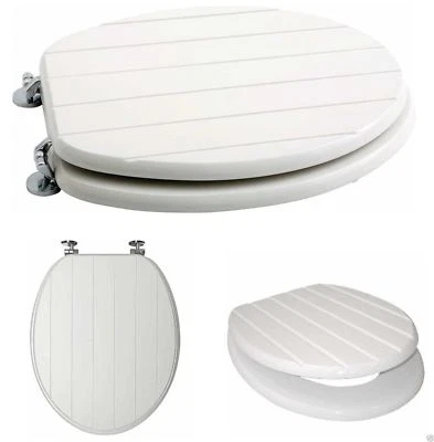 White Wooden Toilet Seat Tongue & Groove Chrome Plated Hinges Fitting Included