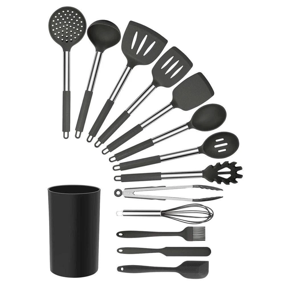 MegaChef Cooking Utensil Set Gray Silicone Stainless Steel Kitchen Tool 14-Piece