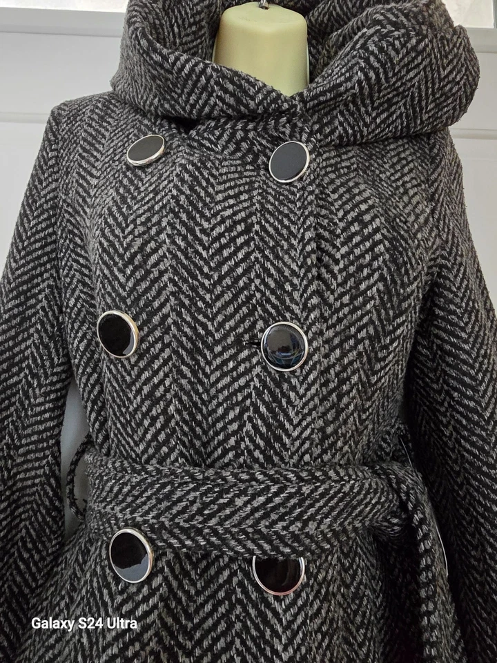 NUEVO Abrigo con Capucha Coffeeshop Para Mujer Talla/S Cinturón Espiga Negro/Blanco Nuevo con Etiquetas Foto 3 de 4