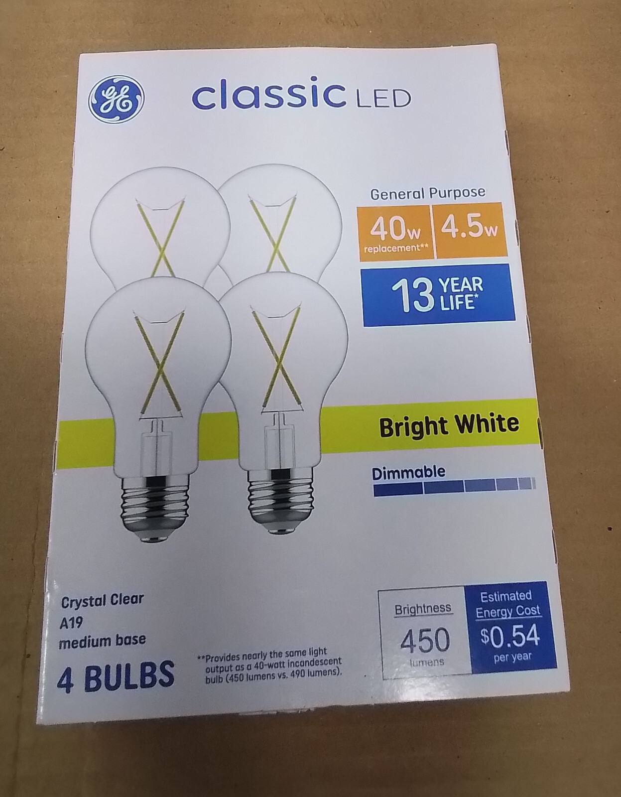 GE Classic LED 40W/4.5W A19Med. Base Bright White 3500K Dimmable, 2x(4 ...