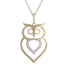 10k Yellow Gold Diamond Studded Owl Pendant Necklace 18"
