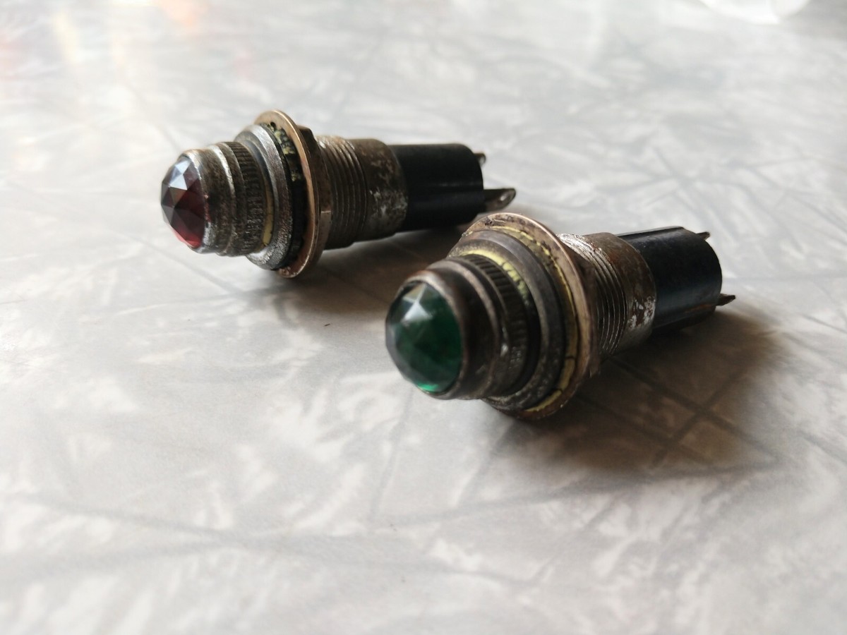 2) Vintage Dialco Indicator Lights Red & Green Gem Cut Glass