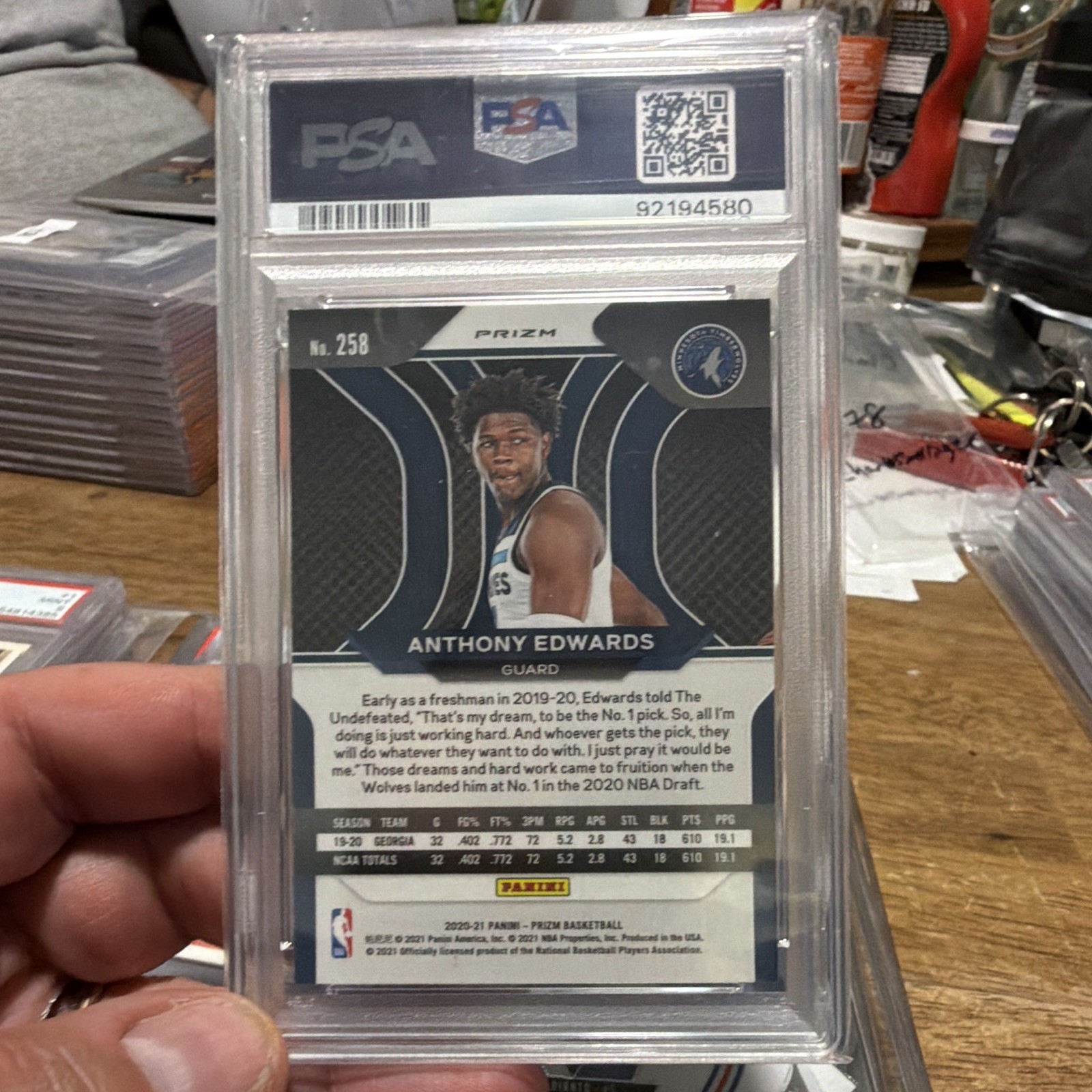 Panini 2020-21 Prizm Anthony Edwards Green Prizm RC #258 PSA 10 Timberwolves view 2