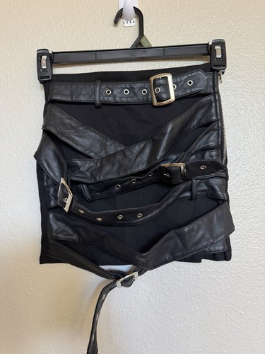 Current Mood XS Black Faux Leather Multi Belt Moto Mini Skirt Goth Punk Y2K