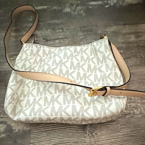 Michael Kors Beige/Ivory Logo Shoulder Bag Zip Detachable Strap Gold Hardware