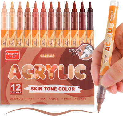Kander  Acrylic Paint Markers 12 Colors, Skin Tone Series Set with Soft Brush Ti