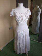 River Island White Cotton Crinkle Smocked Ruffle Midi Dress Square Neck UK 10