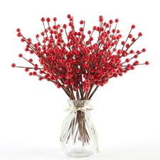 Berry Picks For Christmas Decor, 12 Pack Red Holly Stems, Tree Filler