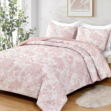 Quilt Set King Size, 3 Pieces Pink Floral Plants Printed Bedspread Coverlet Set