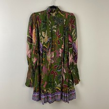 Farm Rio Wild Jungle Long Sleeve Minidress Size XS Green Pleated Long Sleeve