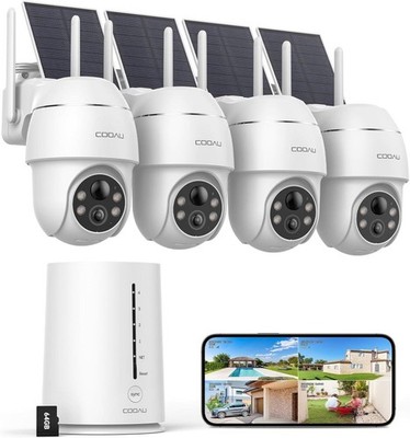 COOAU 4 Camera Security System with Solar Panels Wireless Outdoor, 4MP, 360° PTZ
