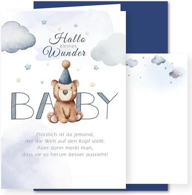 E&G Klasse Geburtskarte A6 mit Umschlag Klappkarte Babykarte Bär Blau Willkommen