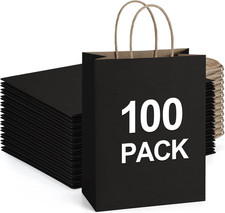 Recyclable Kraft Paper Gift Bag, 8x4.25x10.5 Inches, 100Pcs, Black, with Handles