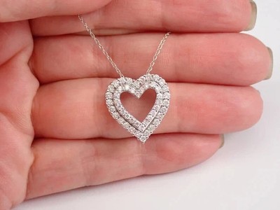 1.00 Ct Round Cut Natural Moissanite Double Heart Pendant 14K White Gold Plated
