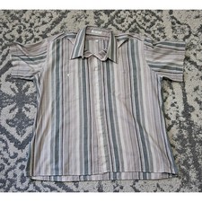 Vintage Pierre Cardin Mens XL Striped Short Sleeve Button Down Shirt Tan Grey