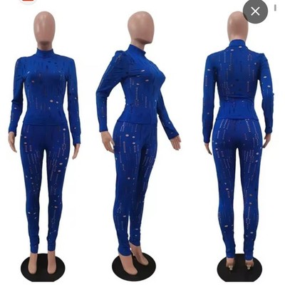 See Through Hollow Out Sexy Two Piece Women Set O Neck Long Sleeve 2 Piece Set