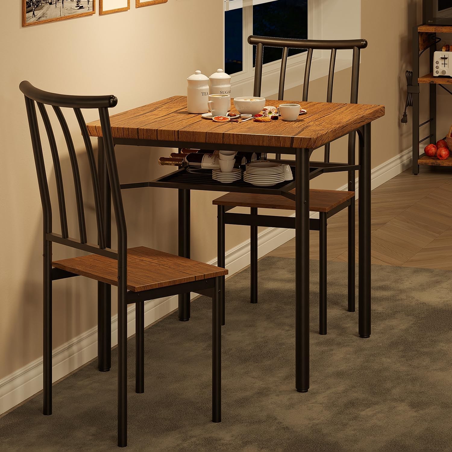 3-Piece Dining Table Set for 2, Square Kitchen Table with 2 Chairs&Storage Shelf