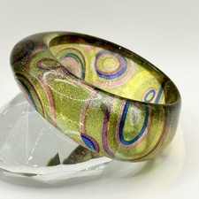 Vintage Chunky Plastic Lucite Bangle Bracelet Green Multicolor Asymmetrical