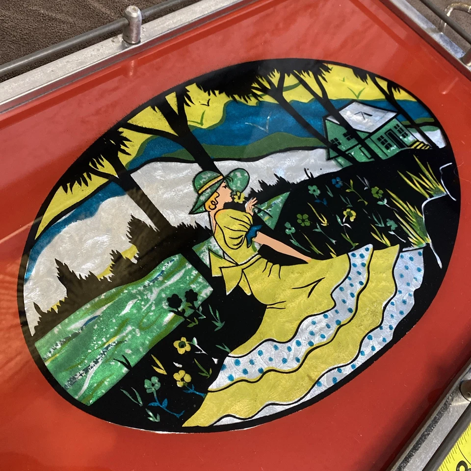 Арт-деко сервировочный поднос яркие цвета фольга акценты обратная роспись девочка и цветы - Изображение 3 из 4