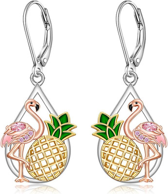 Rosa Flamingo Ananas Ohrringe für Damen Ohrhänger 925 Sterling Silber Rosegold